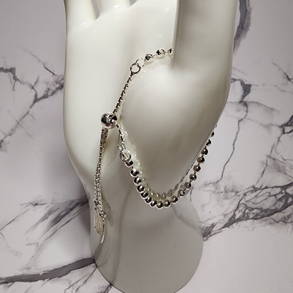 925 Feather Toggle Silver Beaded Bracelet